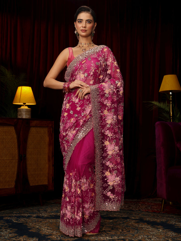 Libas Art Rani Pink Floral Embellished Net Saree