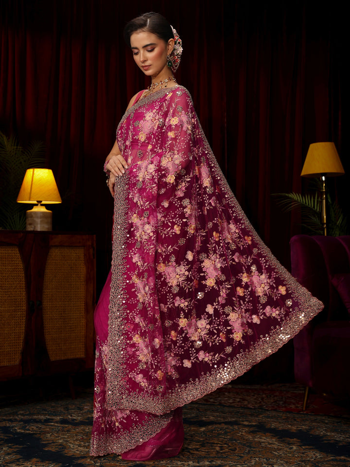 Libas Art Rani Pink Floral Embellished Net Saree