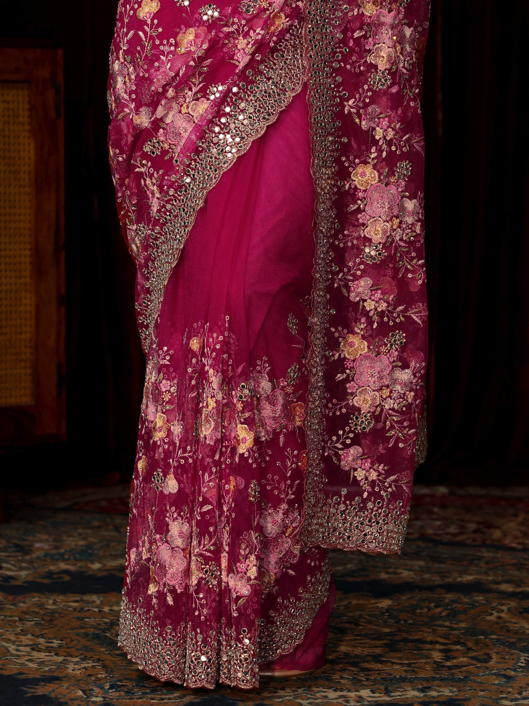 Libas Art Rani Pink Floral Embellished Net Saree