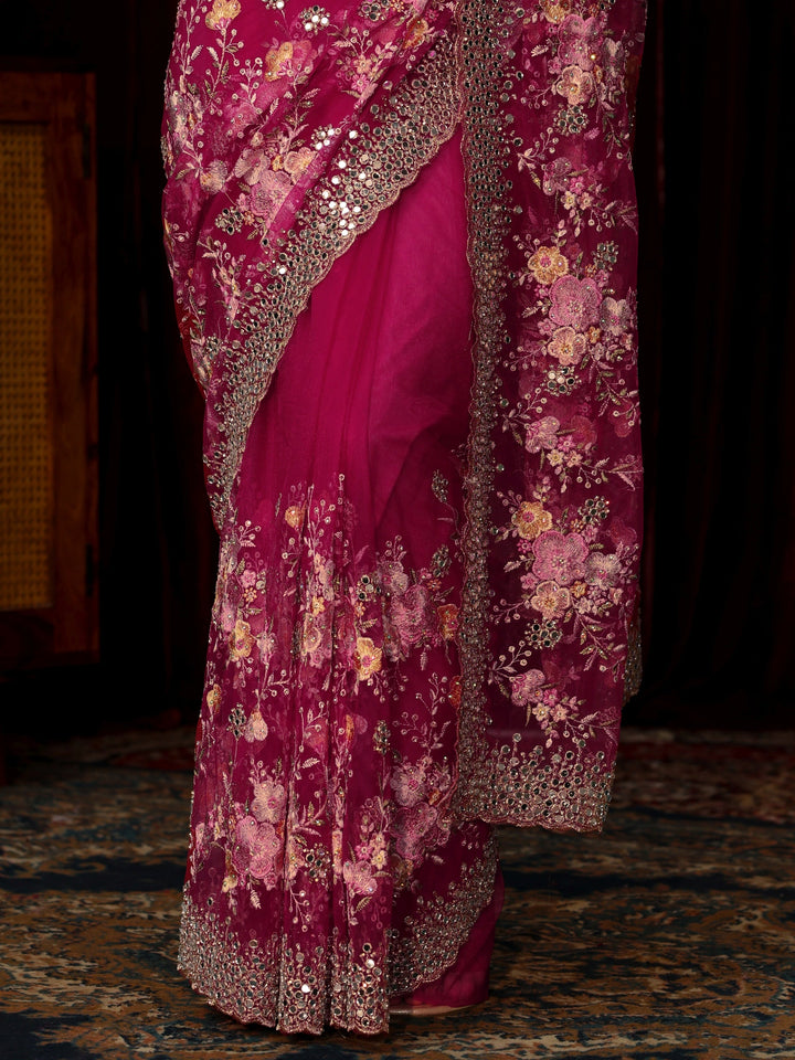 Libas Art Rani Pink Floral Embellished Net Saree