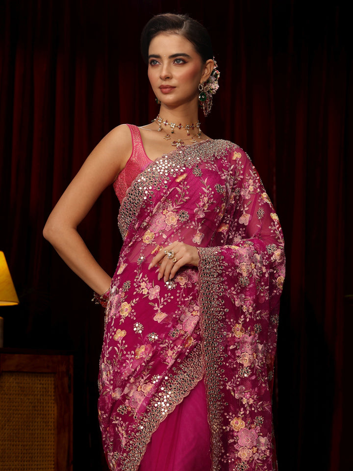 Libas Art Rani Pink Floral Embellished Net Saree
