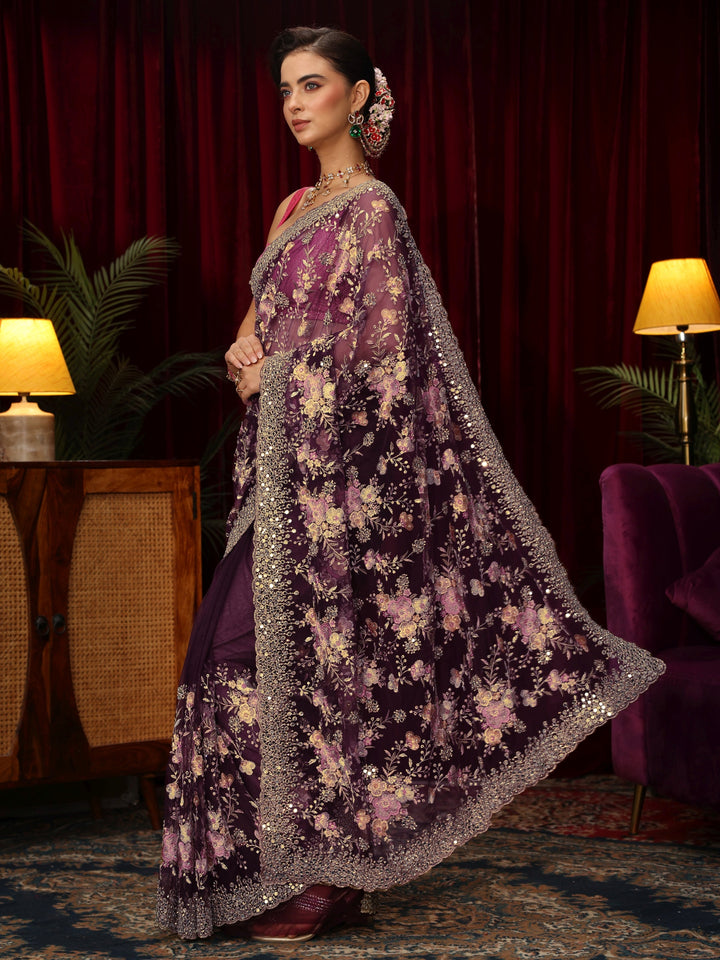 Libas Art Burgundy Floral Mirror Work Embroidered Net Saree
