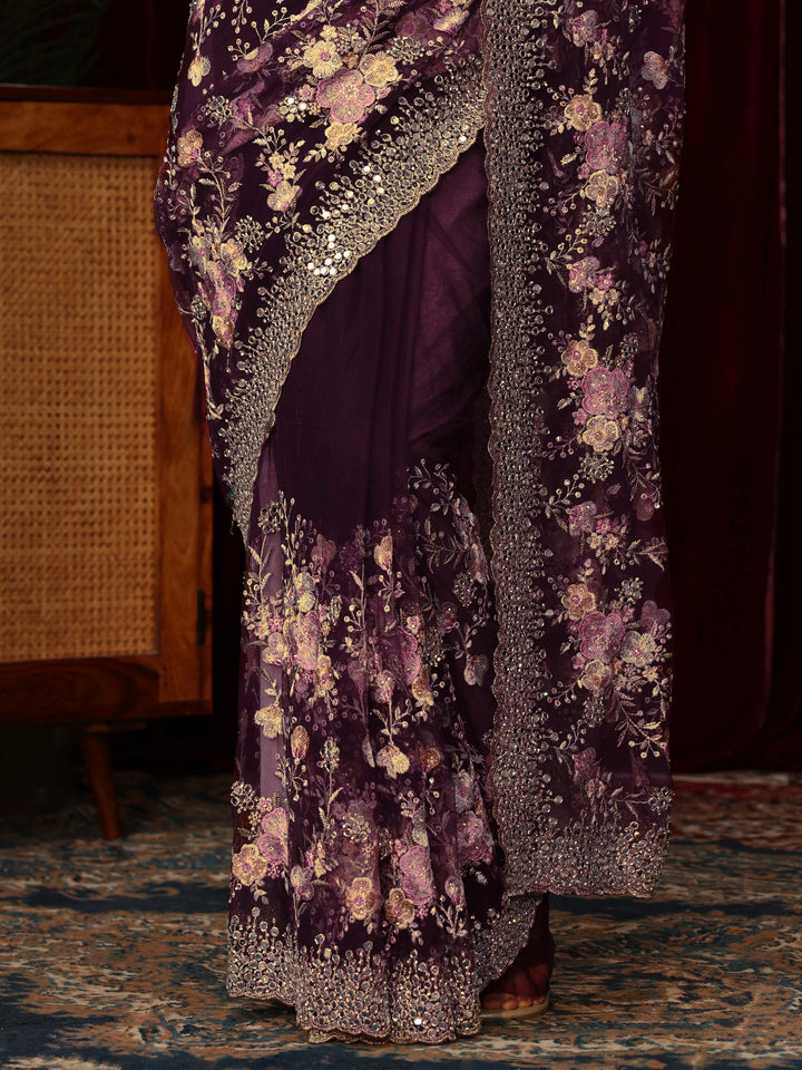 Libas Art Burgundy Floral Mirror Work Embroidered Net Saree