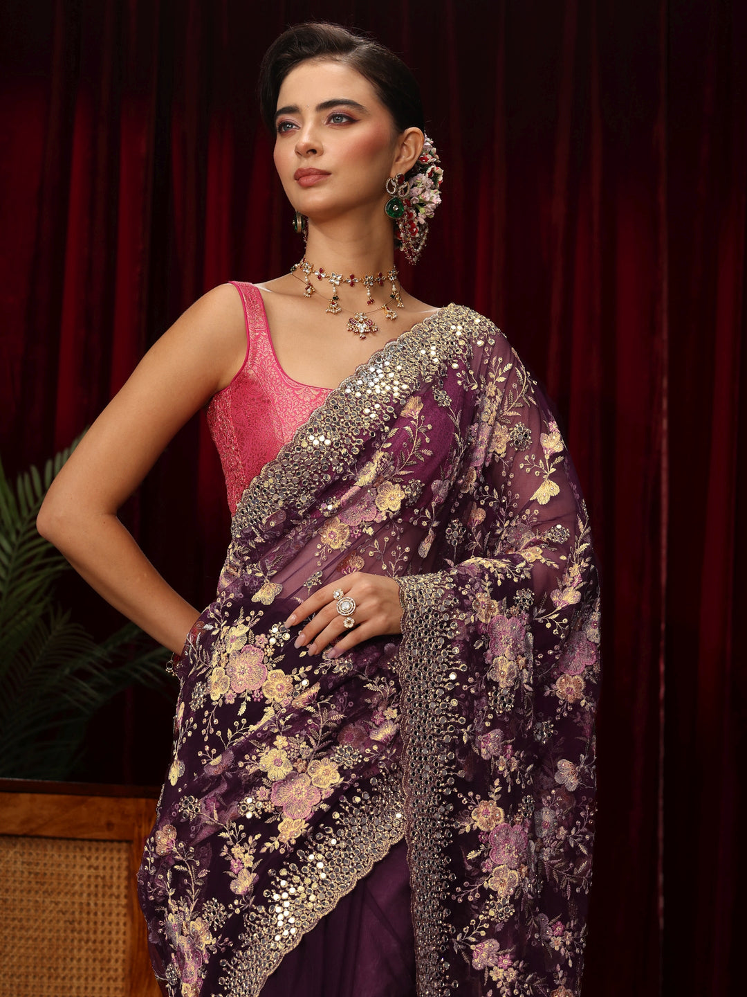 Libas Art Burgundy Floral Mirror Work Embroidered Net Saree