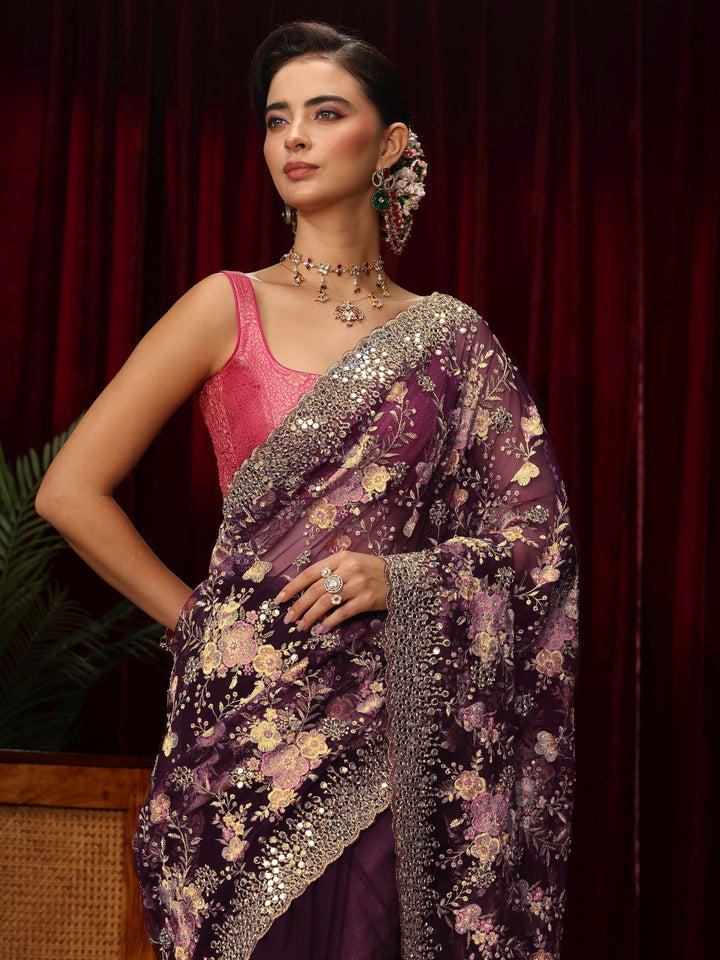 Libas Art Burgundy Floral Mirror Work Embroidered Net Saree