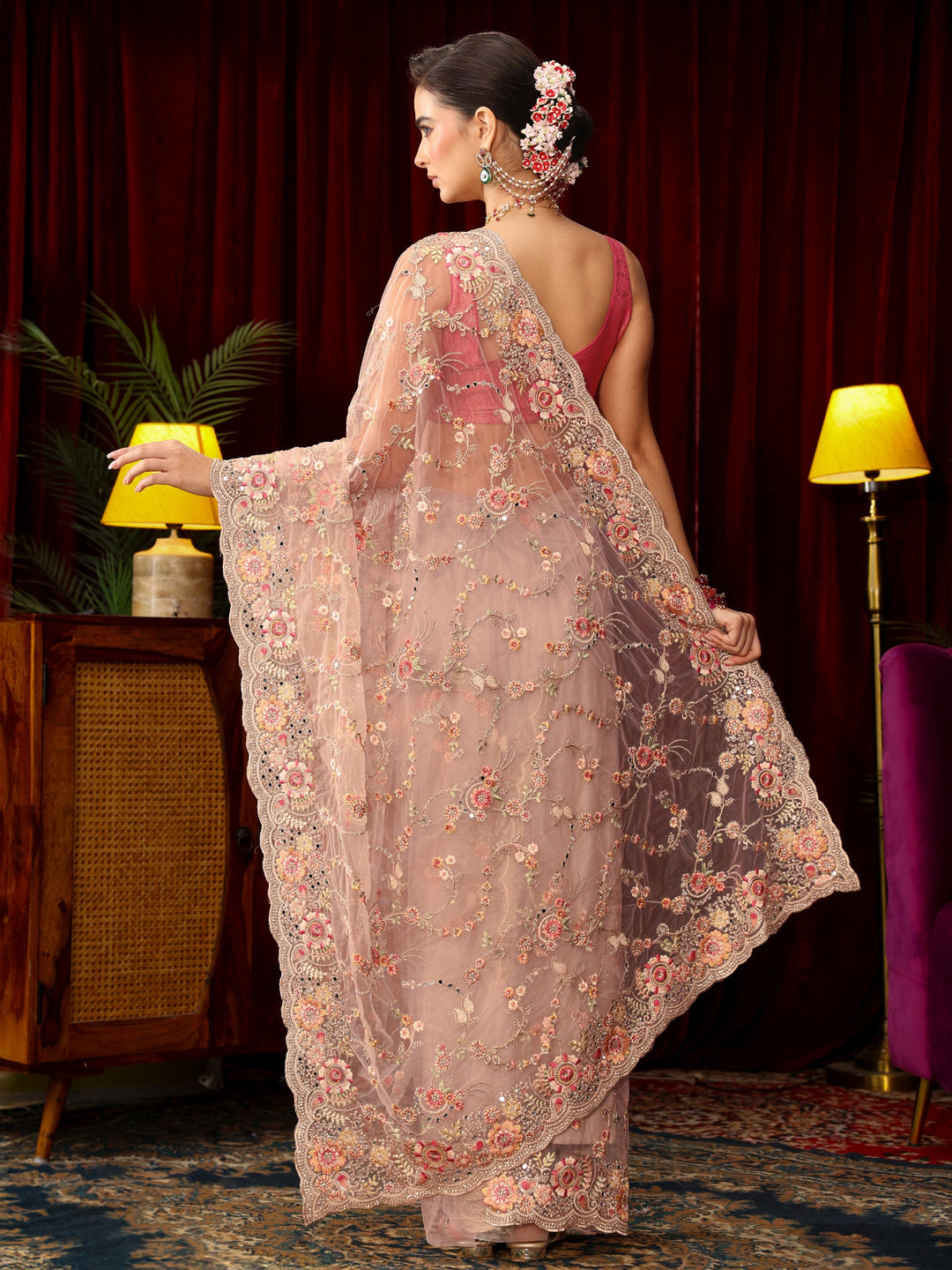 Libas Art Baby Pink Floral Embellished Net Saree