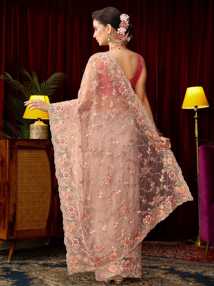 Libas Art Baby Pink Floral Embellished Net Saree