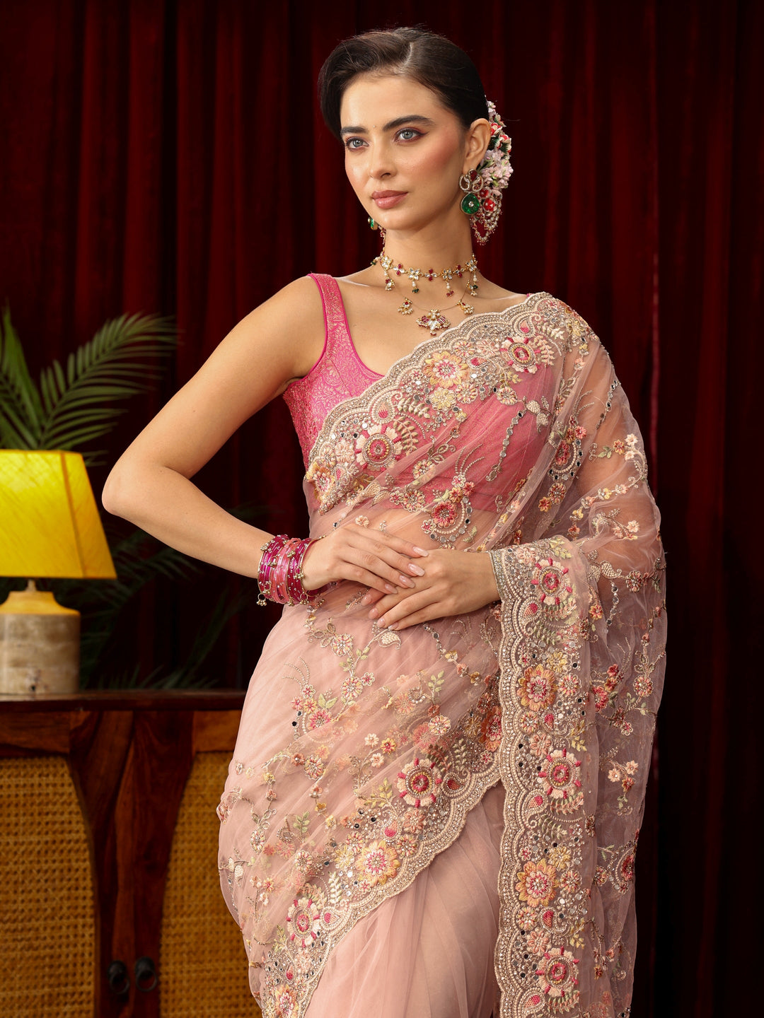 Libas Art Baby Pink Floral Embellished Net Saree