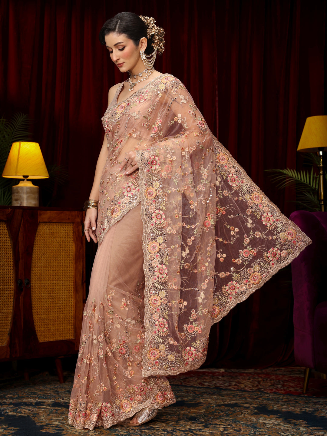 Libas Art Dusty Pink Floral Embellished Net Saree