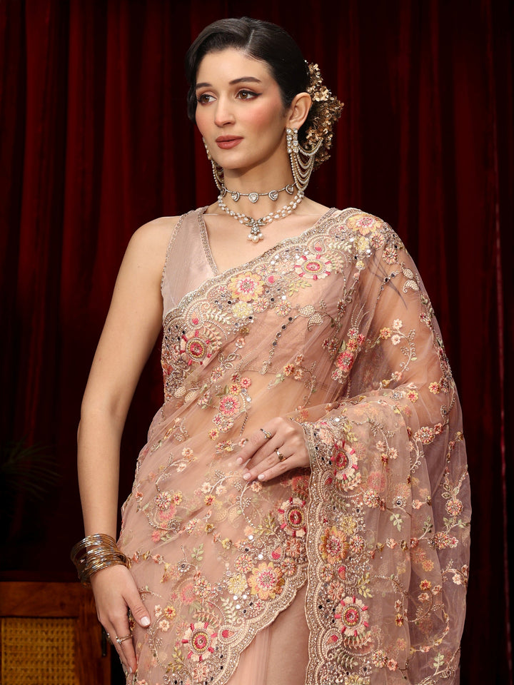 Libas Art Dusty Pink Floral Embellished Net Saree