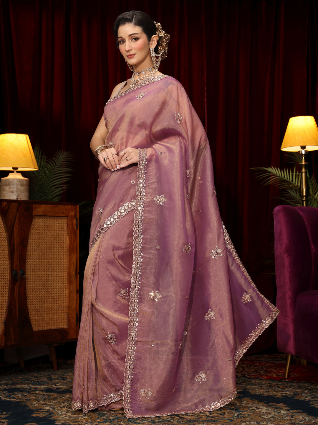 Libas Art Lavender Floral Embellished Tissue Saree