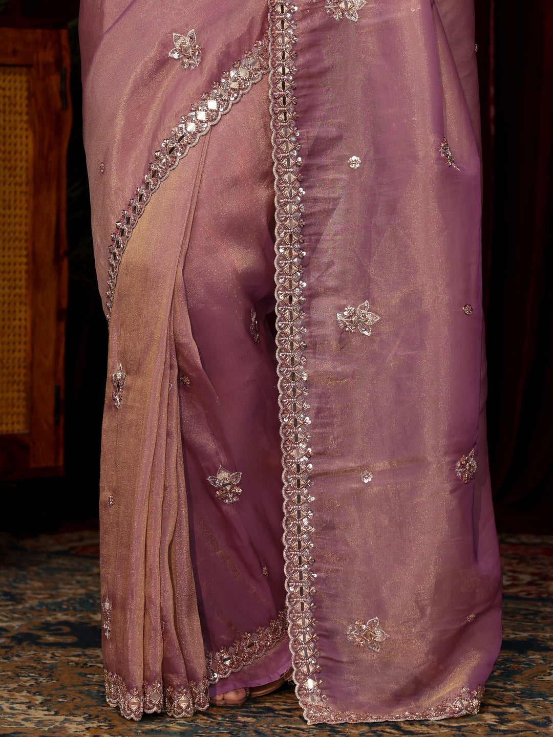 Libas Art Lavender Floral Embellished Tissue Saree
