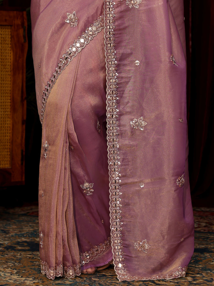 Libas Art Lavender Floral Embellished Tissue Saree
