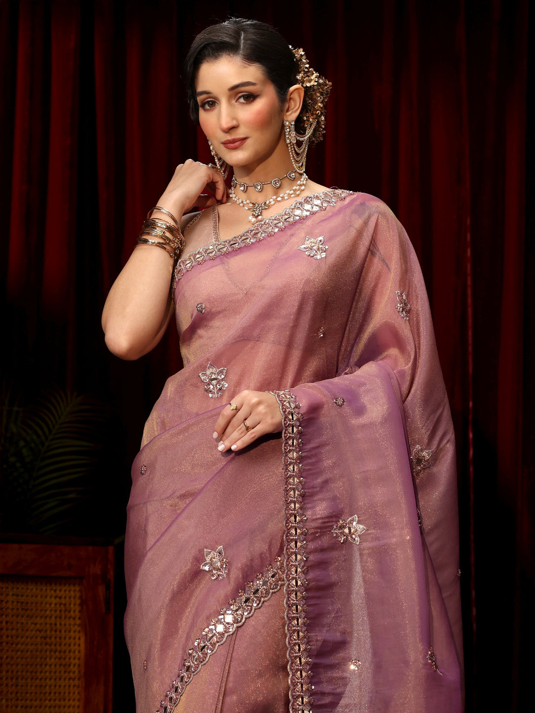 Libas Art Lavender Floral Embellished Tissue Saree