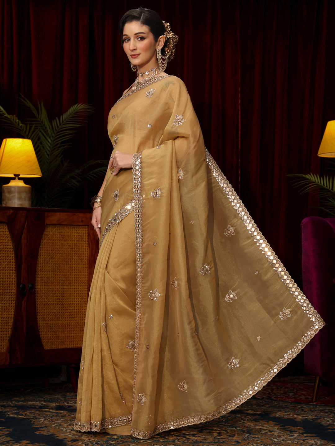 Libas Art Mustard Floral Embellished Tissue Saree