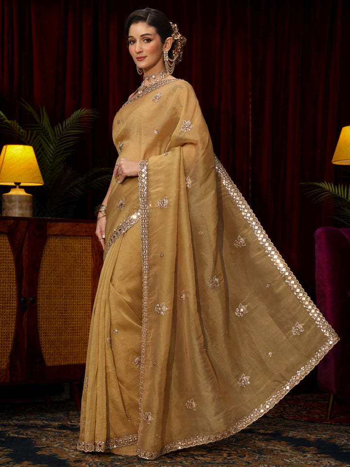 Libas Art Mustard Floral Embellished Tissue Saree