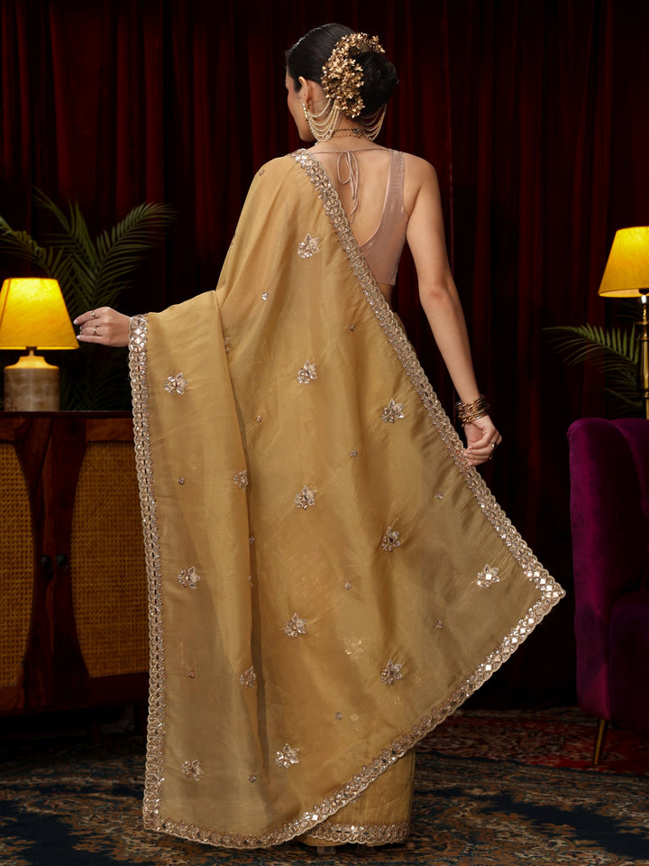 Libas Art Mustard Floral Embellished Tissue Saree