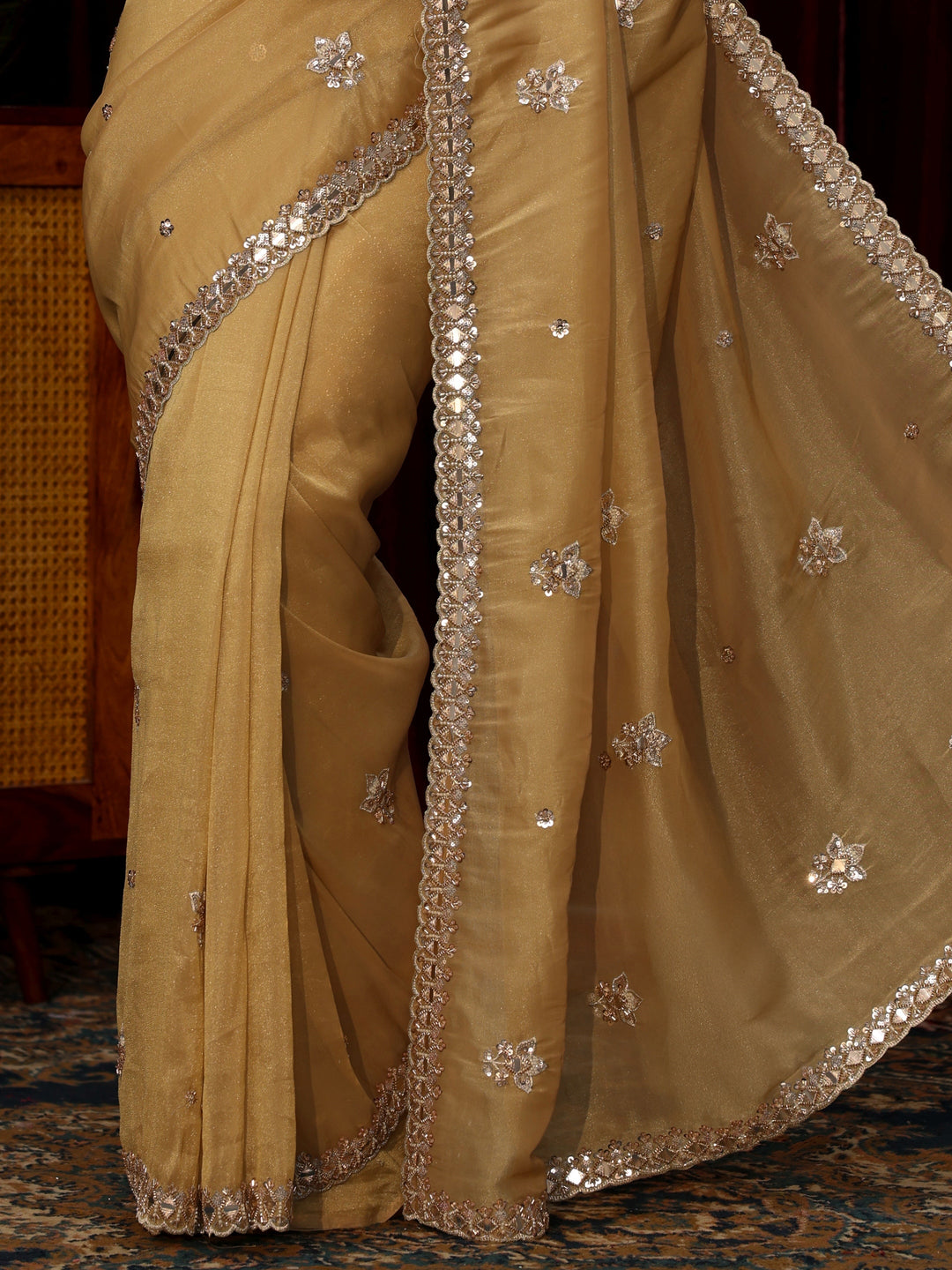 Libas Art Mustard Floral Embellished Tissue Saree