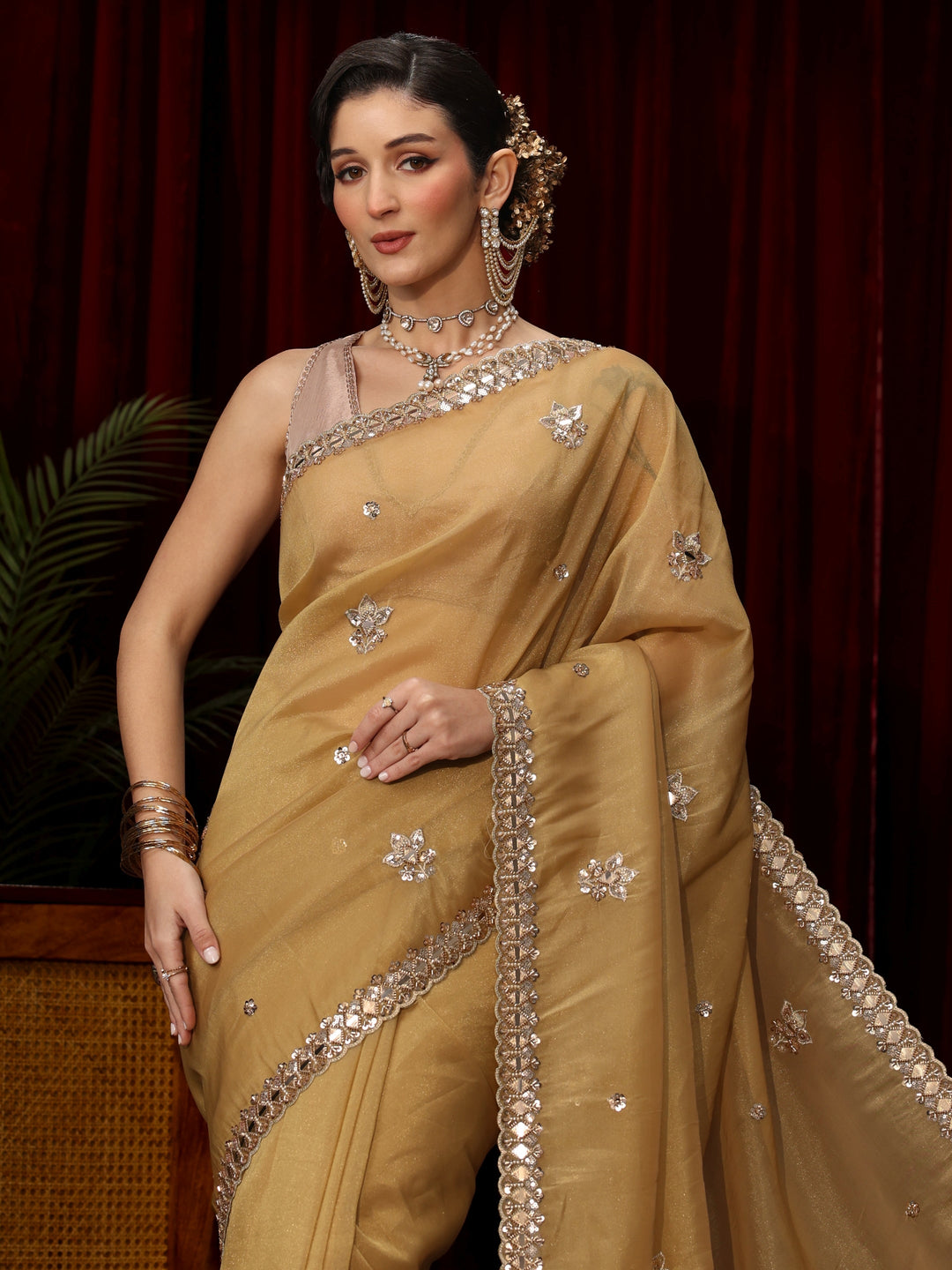 Libas Art Mustard Floral Embellished Tissue Saree