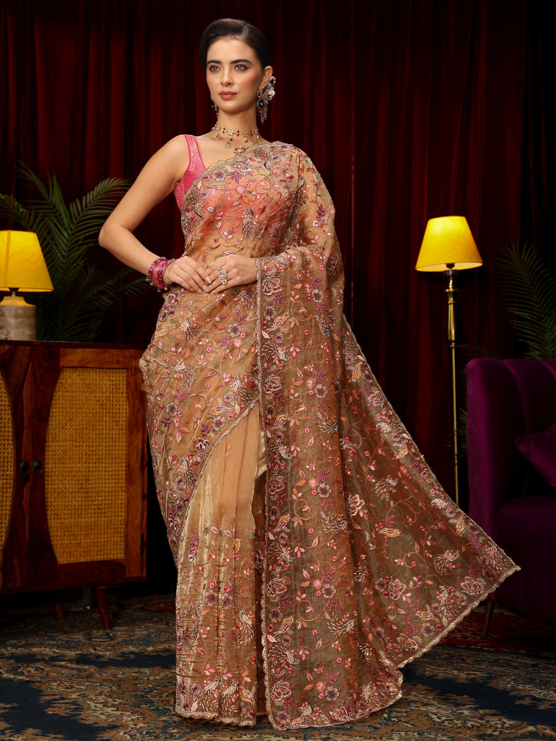 Libas Art Beige Floral Embellished Tissue Saree