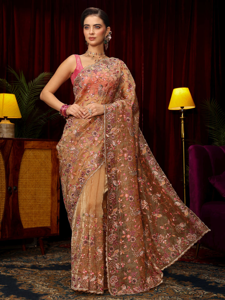 Libas Art Beige Floral Embellished Tissue Saree