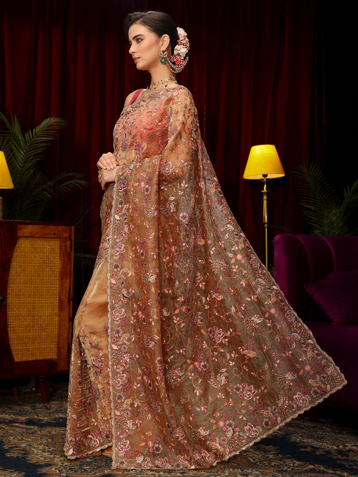 Libas Art Beige Floral Embellished Tissue Saree