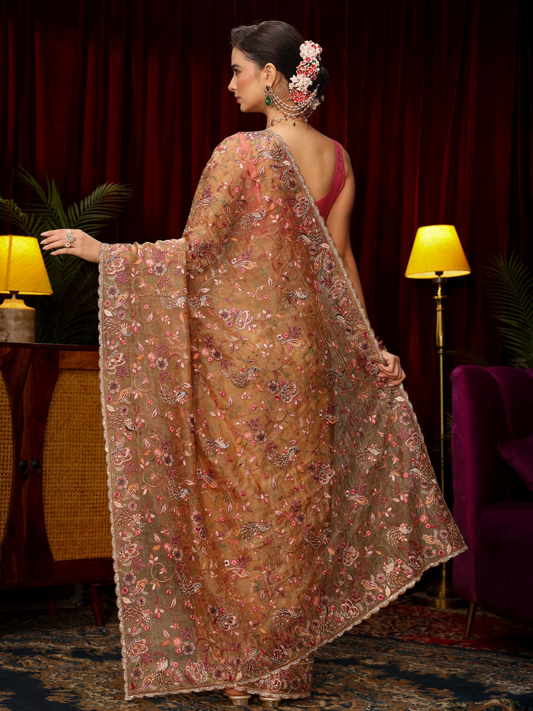Libas Art Beige Floral Embellished Tissue Saree
