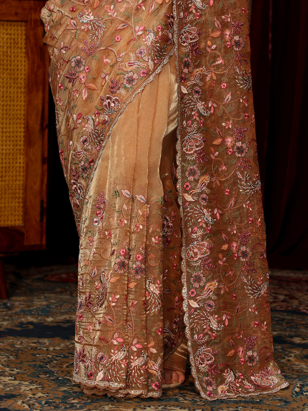Libas Art Beige Floral Embellished Tissue Saree