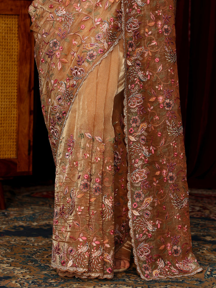 Libas Art Beige Floral Embellished Tissue Saree