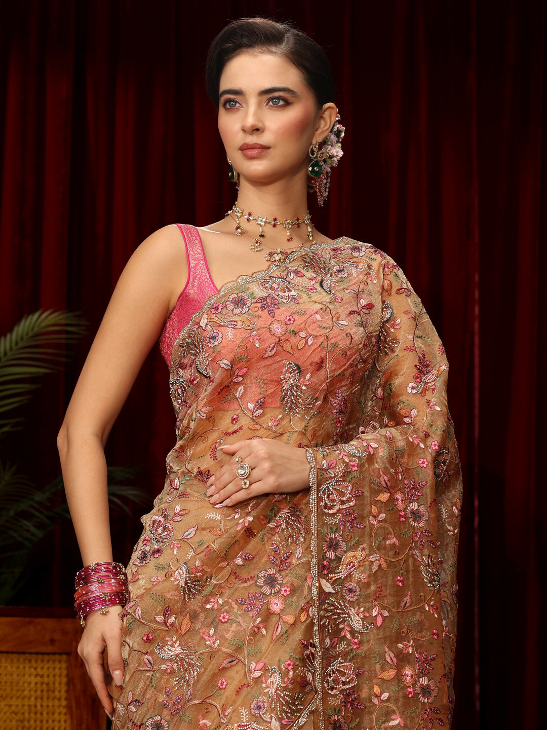 Libas Art Beige Floral Embellished Tissue Saree
