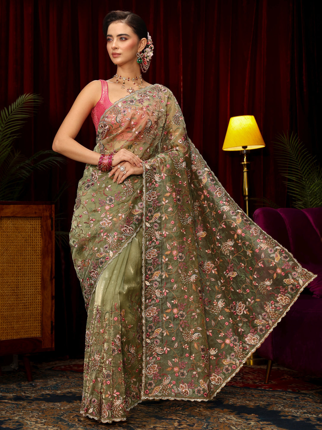 Libas Art Sage Green Floral Embellished Tissue Saree