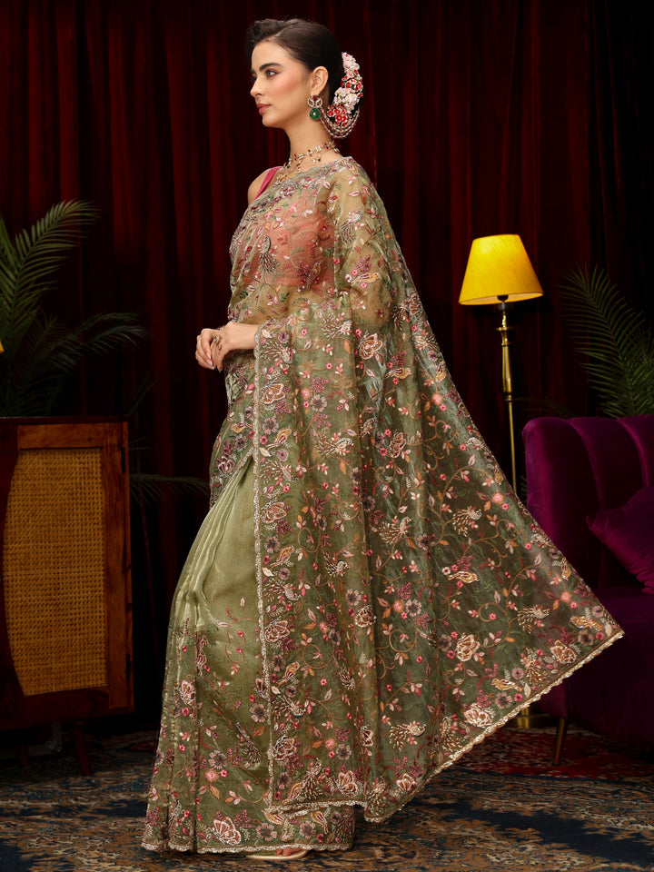 Libas Art Sage Green Floral Embellished Tissue Saree