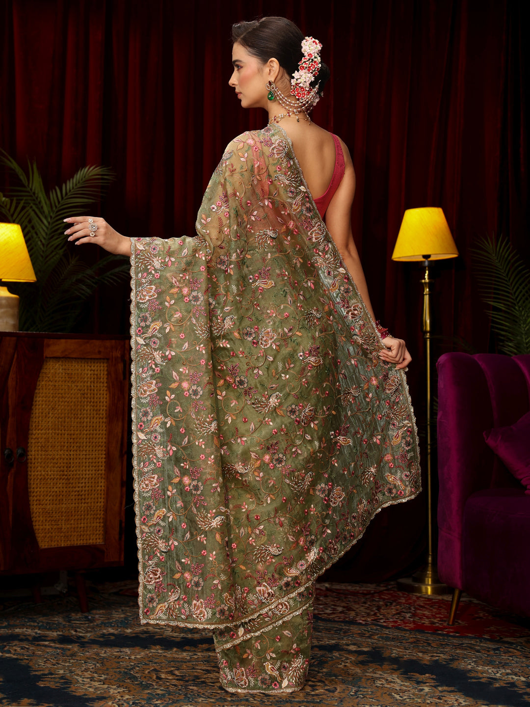 Libas Art Sage Green Floral Embellished Tissue Saree