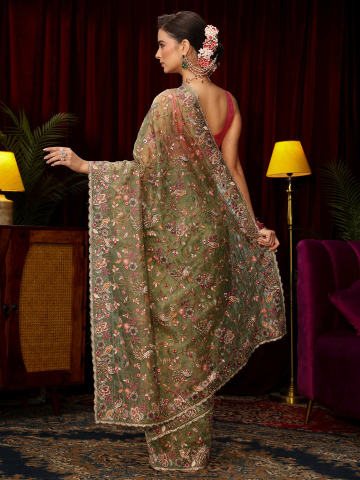 Libas Art Sage Green Floral Embellished Tissue Saree