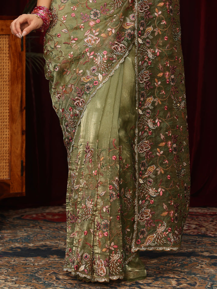 Libas Art Sage Green Floral Embellished Tissue Saree