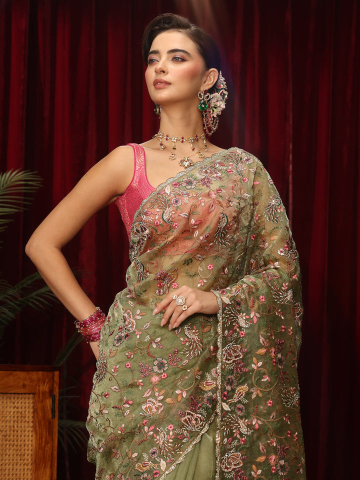 Libas Art Sage Green Floral Embellished Tissue Saree