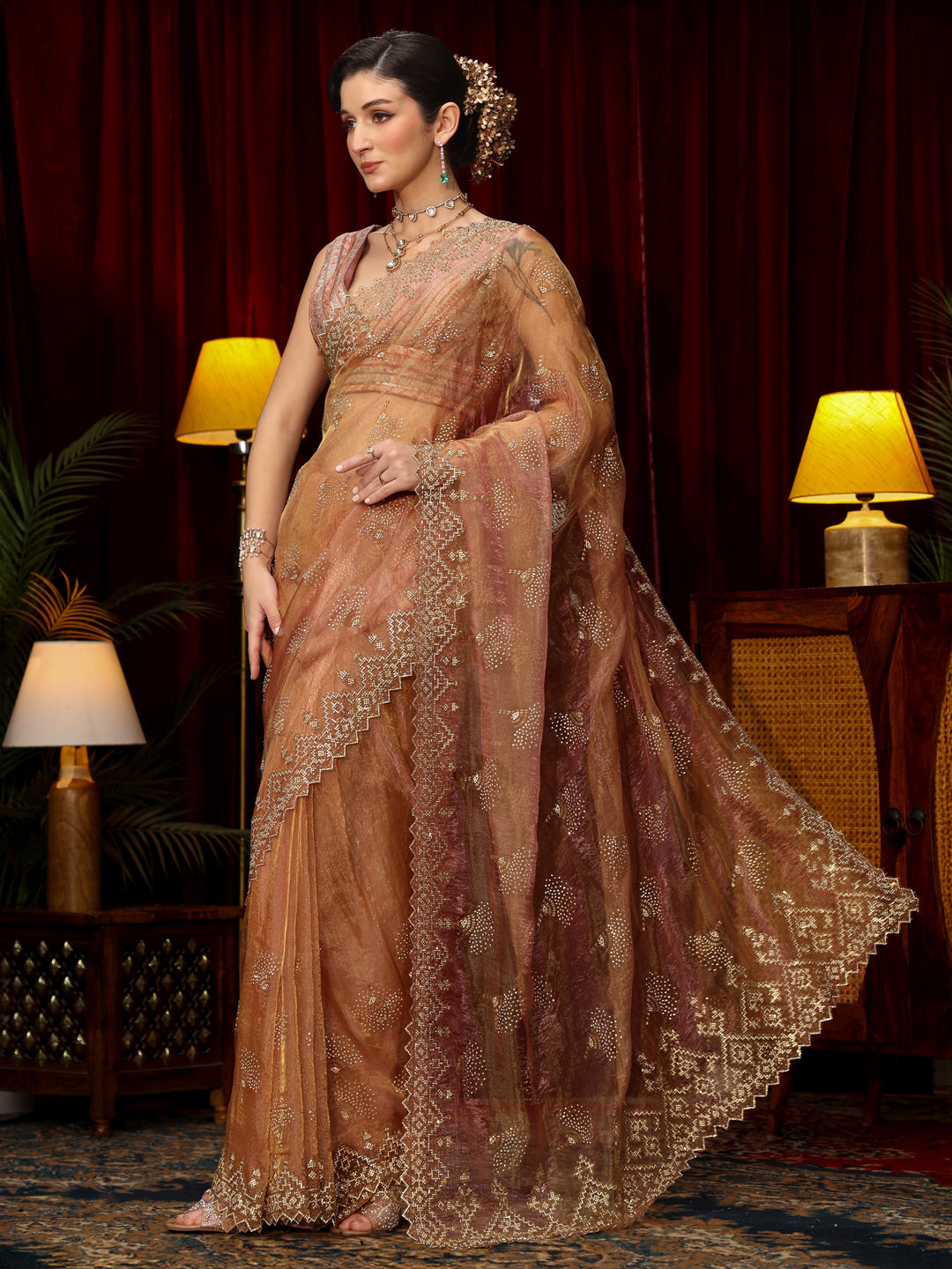Libas Art Dusty Rose Pink Stone Work Embellished Tissue Saree