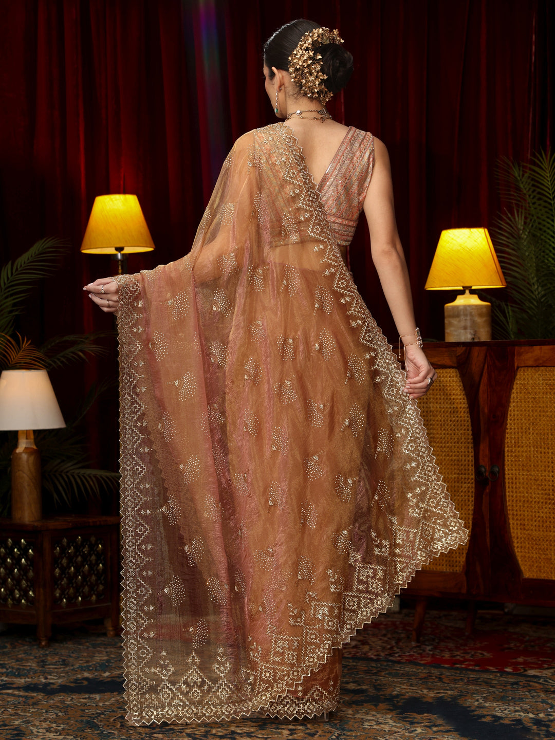 Libas Art Dusty Rose Pink Stone Work Embellished Tissue Saree