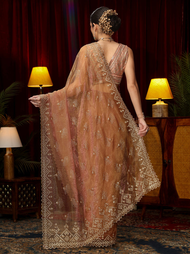 Libas Art Dusty Rose Pink Stone Work Embellished Tissue Saree