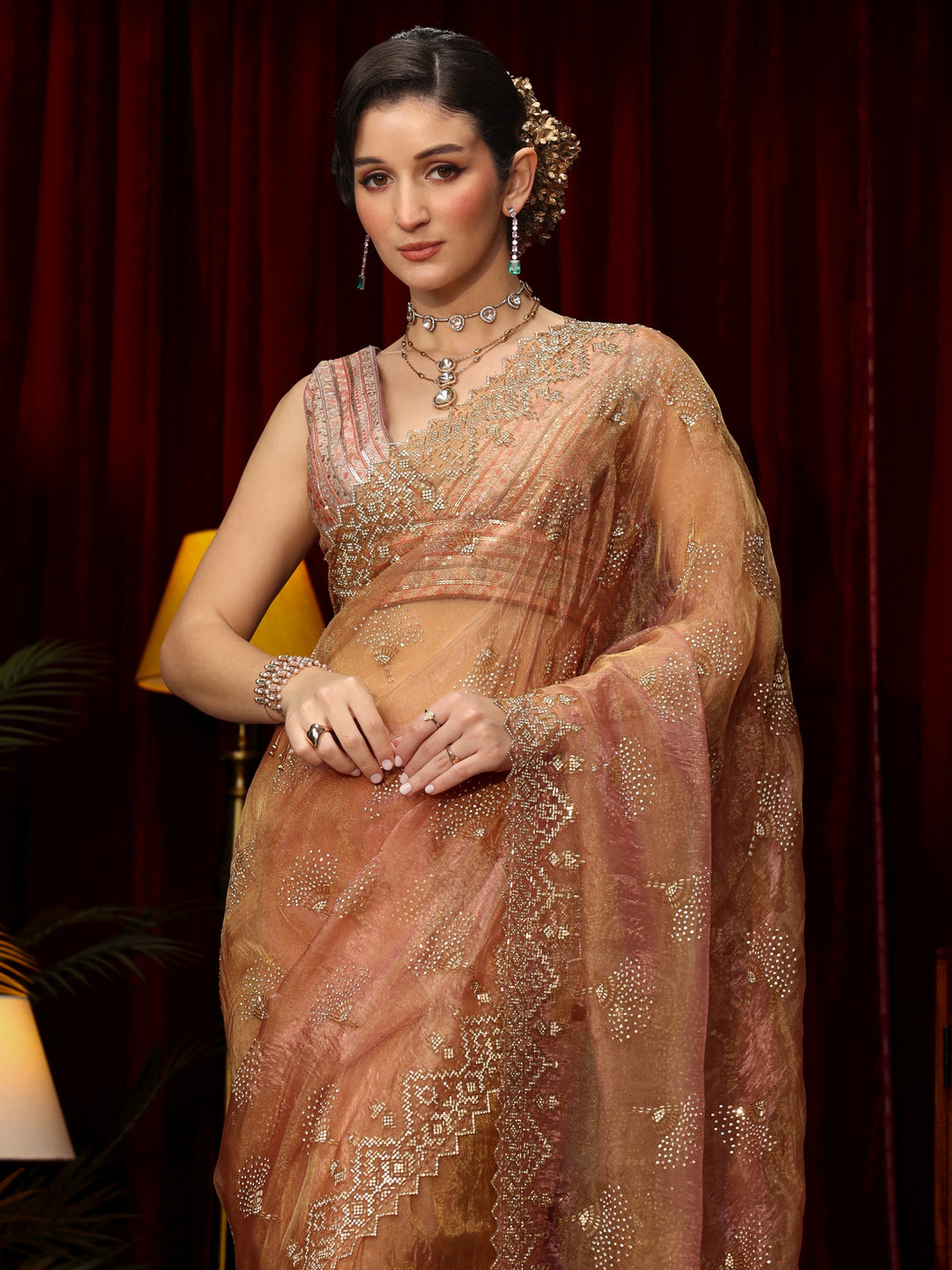 Libas Art Dusty Rose Pink Stone Work Embellished Tissue Saree