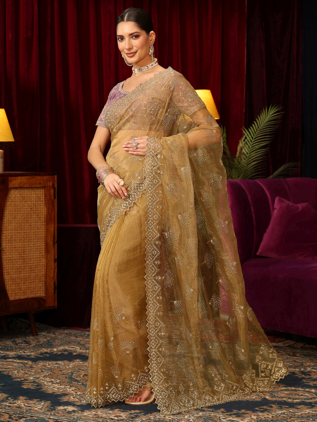 Libas Art Mustard Stone Work Embellished Tissue Saree