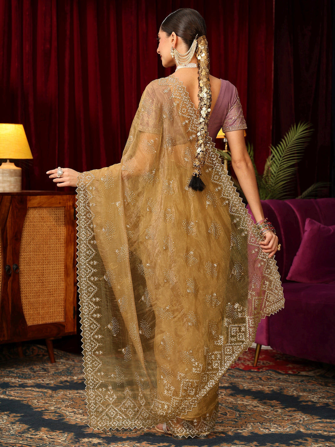 Libas Art Mustard Stone Work Embellished Tissue Saree