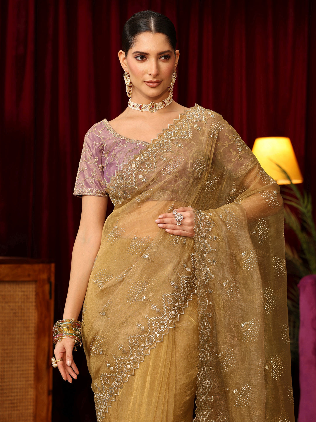 Libas Art Mustard Stone Work Embellished Tissue Saree