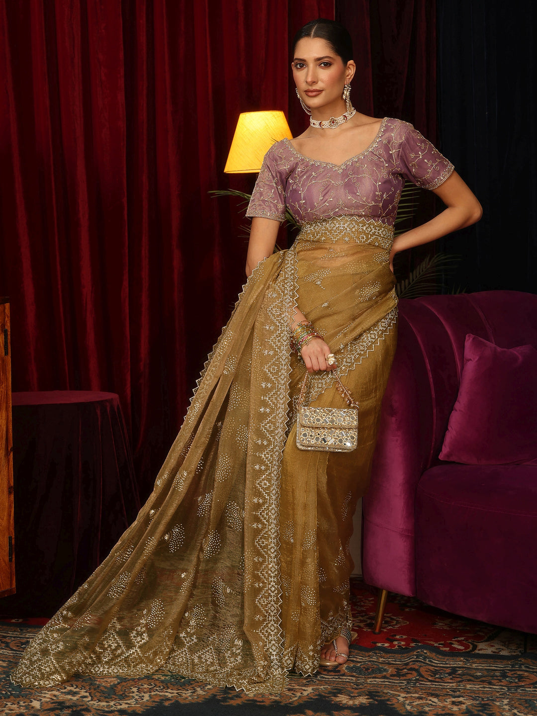 Libas Art Mustard Stone Work Embellished Tissue Saree
