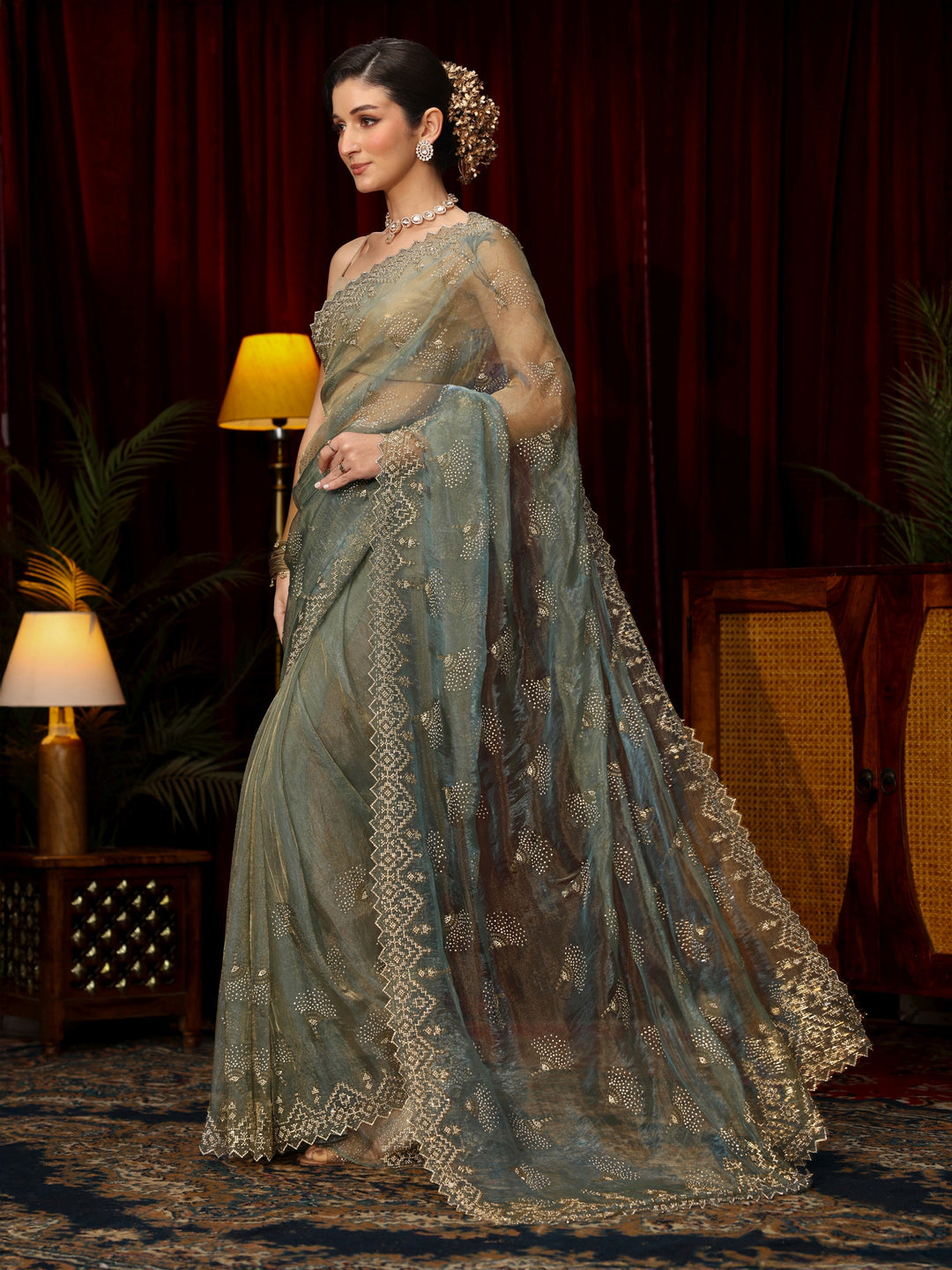 Libas Art Blue Stone Work Embellished Tissue Saree