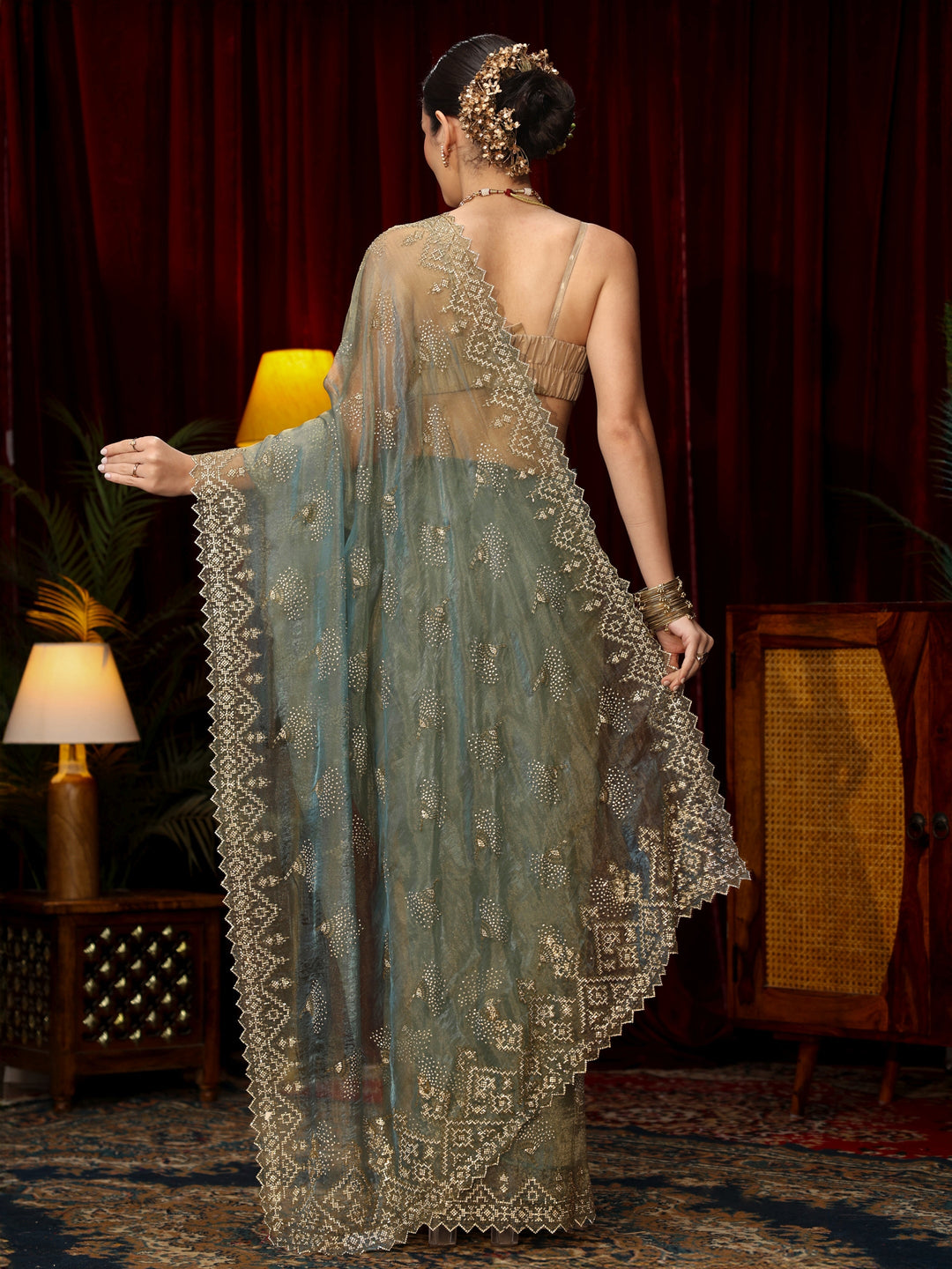 Libas Art Blue Stone Work Embellished Tissue Saree