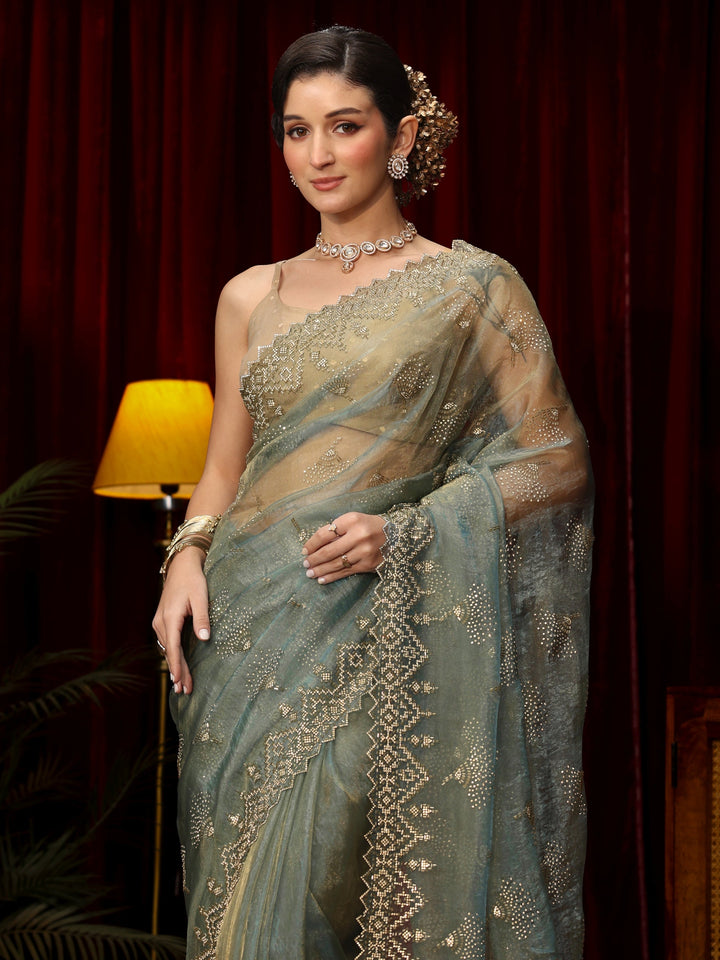 Libas Art Blue Stone Work Embellished Tissue Saree
