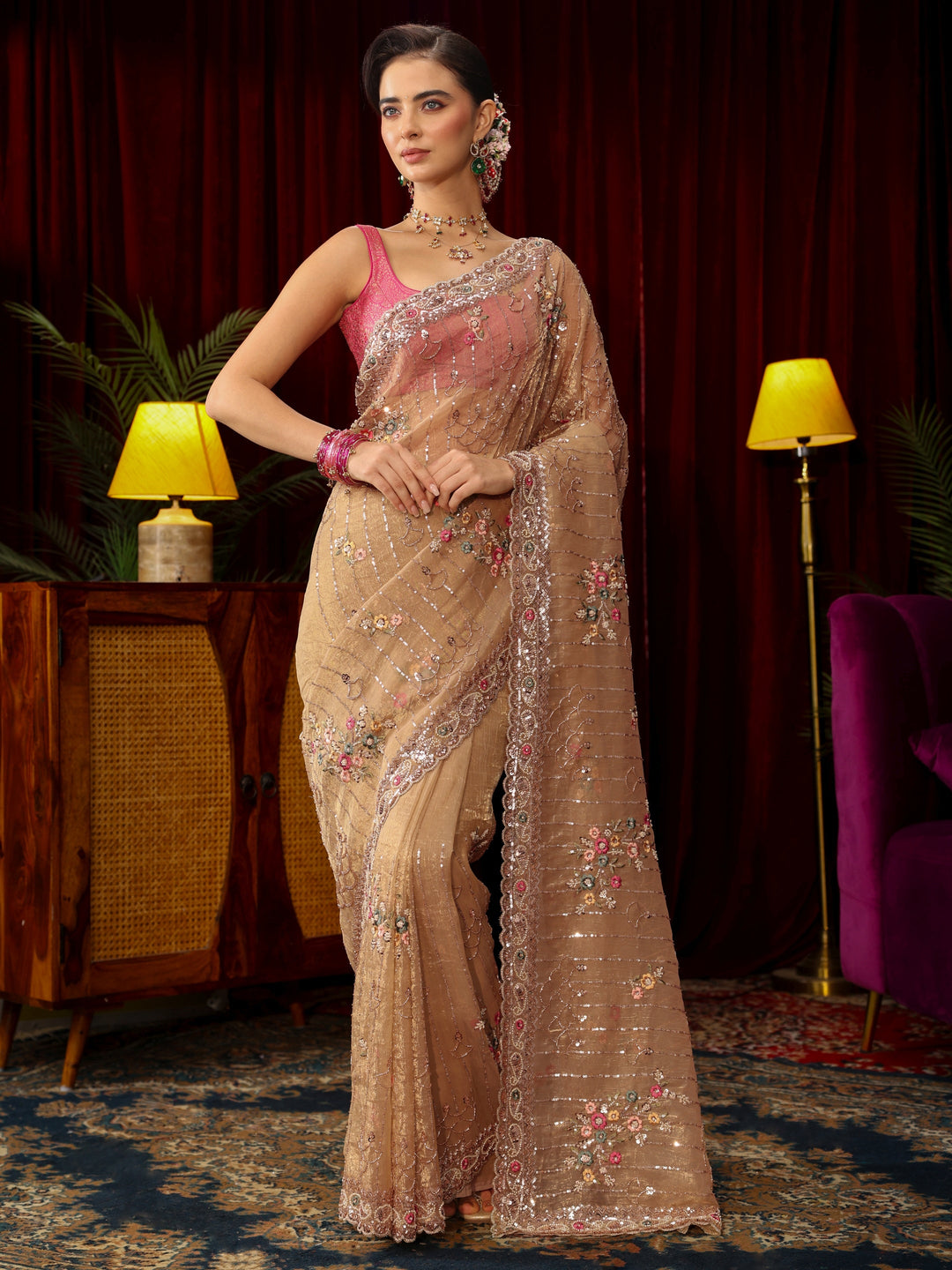 Libas Art Golden Floral Embellished Tissue Saree
