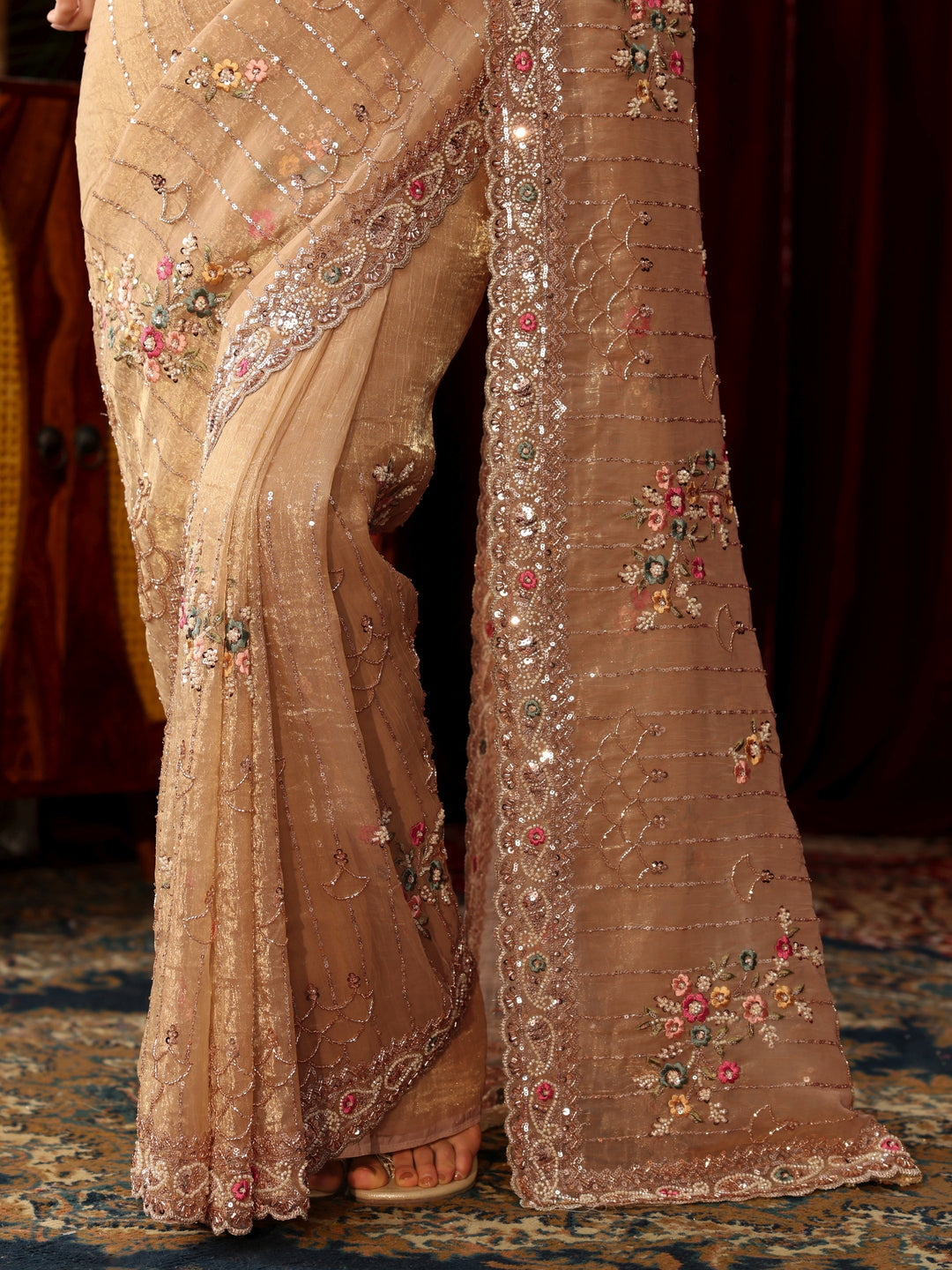 Libas Art Golden Floral Embellished Tissue Saree