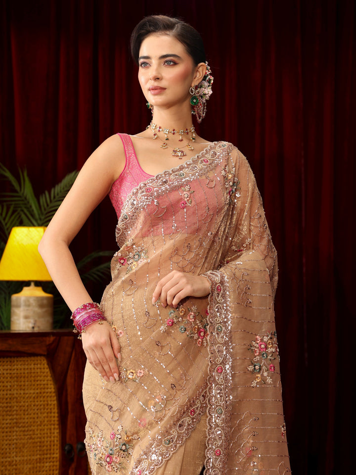 Libas Art Golden Floral Embellished Tissue Saree